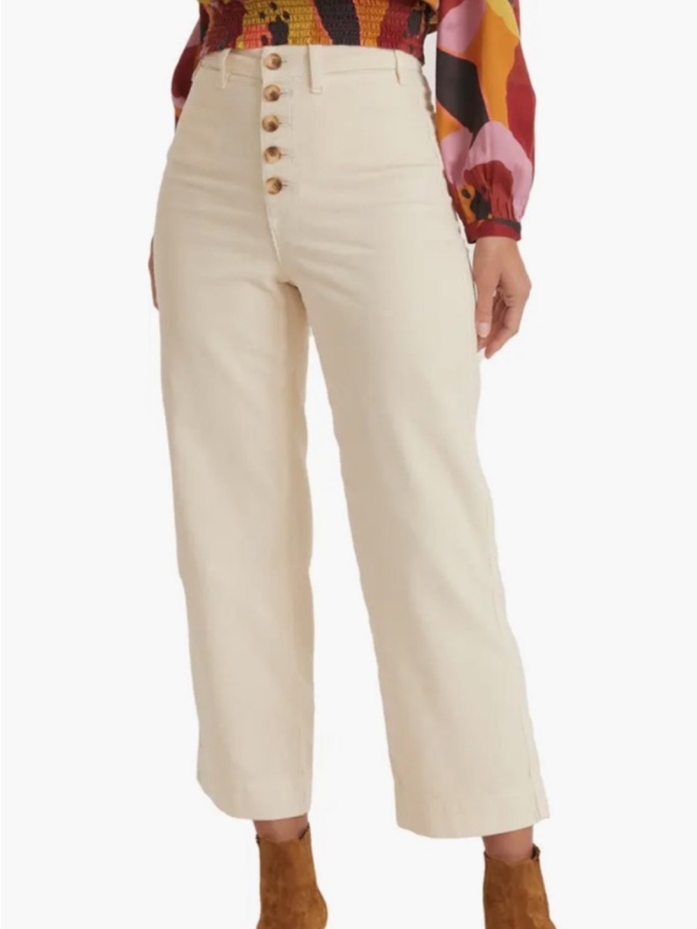 Marine Layer Bridget Exposed Button Crop Wide Leg Flare Corduroy Pants Cream 10